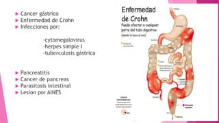 Cancer gástrico
 Enfermedad de Crohn
 Infecciones por:
-cytomegalovirus
-herpes simple I
-tuberculosis gástrica
 Pancreatitis
 Cancer de pancreas
 Parasitosis intestinal
 Lesion por AINES
 