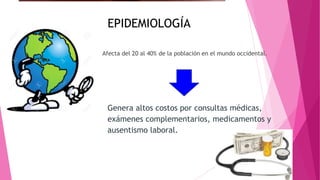 EPIDEMIOLOGÍA
Afecta del 20 al 40% de la población en el mundo occidental.
Genera altos costos por consultas médicas,
exámenes complementarios, medicamentos y
ausentismo laboral.
 