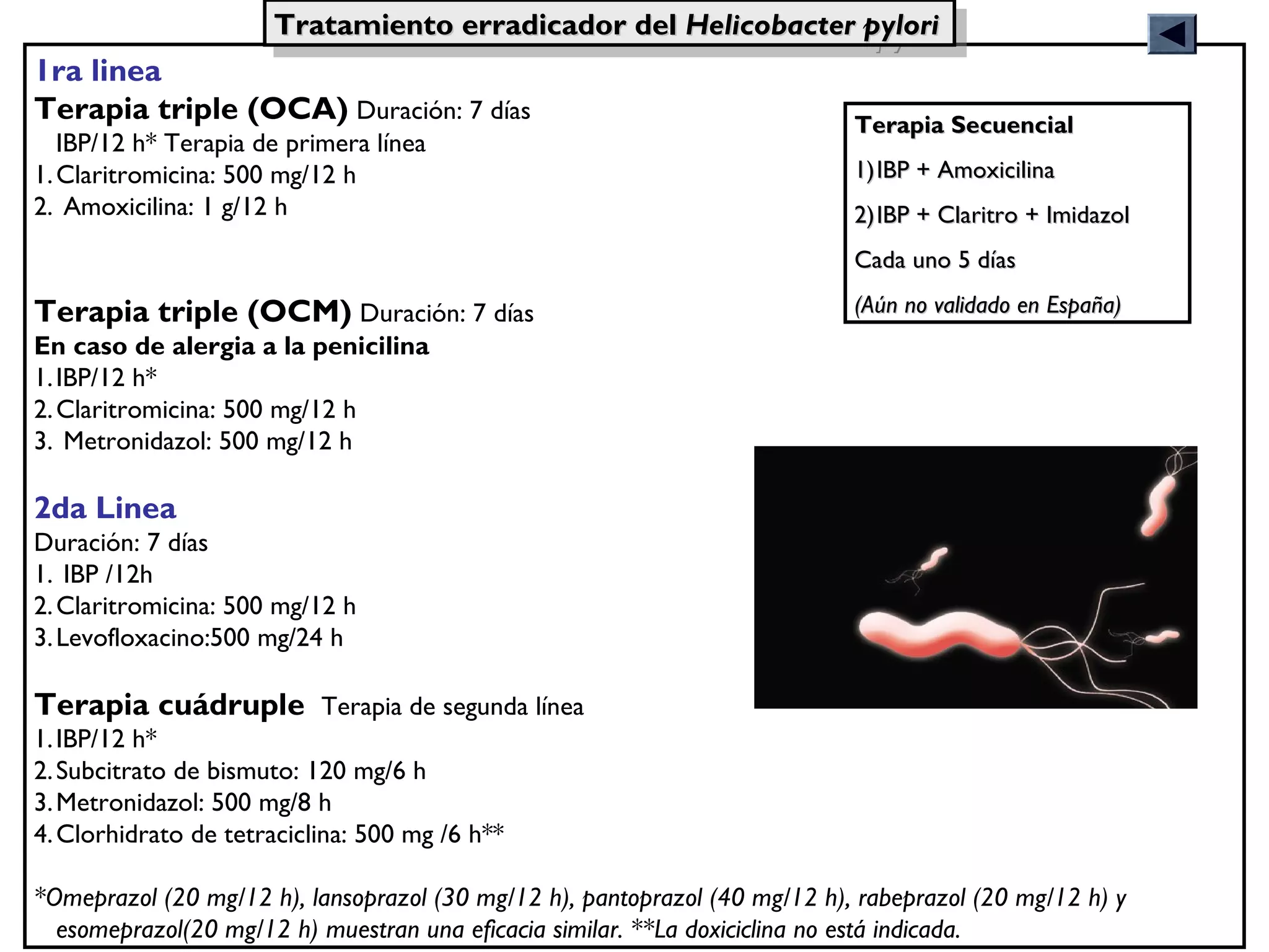 Tratamiento erradicador del Helicobacter pylori
                      Tratamiento erradicador del Helicobacter pylori
1ra linea
Terapia triple (OCA) Duración: 7 días                                       Terapia Secuencial
   IBP/12 h* Terapia de primera línea
1. Claritromicina: 500 mg/12 h                                              1) IBP + Amoxicilina
2. Amoxicilina: 1 g/12 h                                                    2) IBP + Claritro + Imidazol
                                                                            Cada uno 5 días

Terapia triple (OCM) Duración: 7 días                                       (Aún no validado en España)
En caso de alergia a la penicilina
1. IBP/12 h*
2. Claritromicina: 500 mg/12 h
3. Metronidazol: 500 mg/12 h

2da Linea
Duración: 7 días
1. IBP /12h
2. Claritromicina: 500 mg/12 h
3. Levofloxacino:500 mg/24 h

Terapia cuádruple Terapia de segunda línea
1. IBP/12 h*
2. Subcitrato de bismuto: 120 mg/6 h
3. Metronidazol: 500 mg/8 h
4. Clorhidrato de tetraciclina: 500 mg /6 h**

*Omeprazol (20 mg/12 h), lansoprazol (30 mg/12 h), pantoprazol (40 mg/12 h), rabeprazol (20 mg/12 h) y
  esomeprazol(20 mg/12 h) muestran una eficacia similar. **La doxiciclina no está indicada.
 