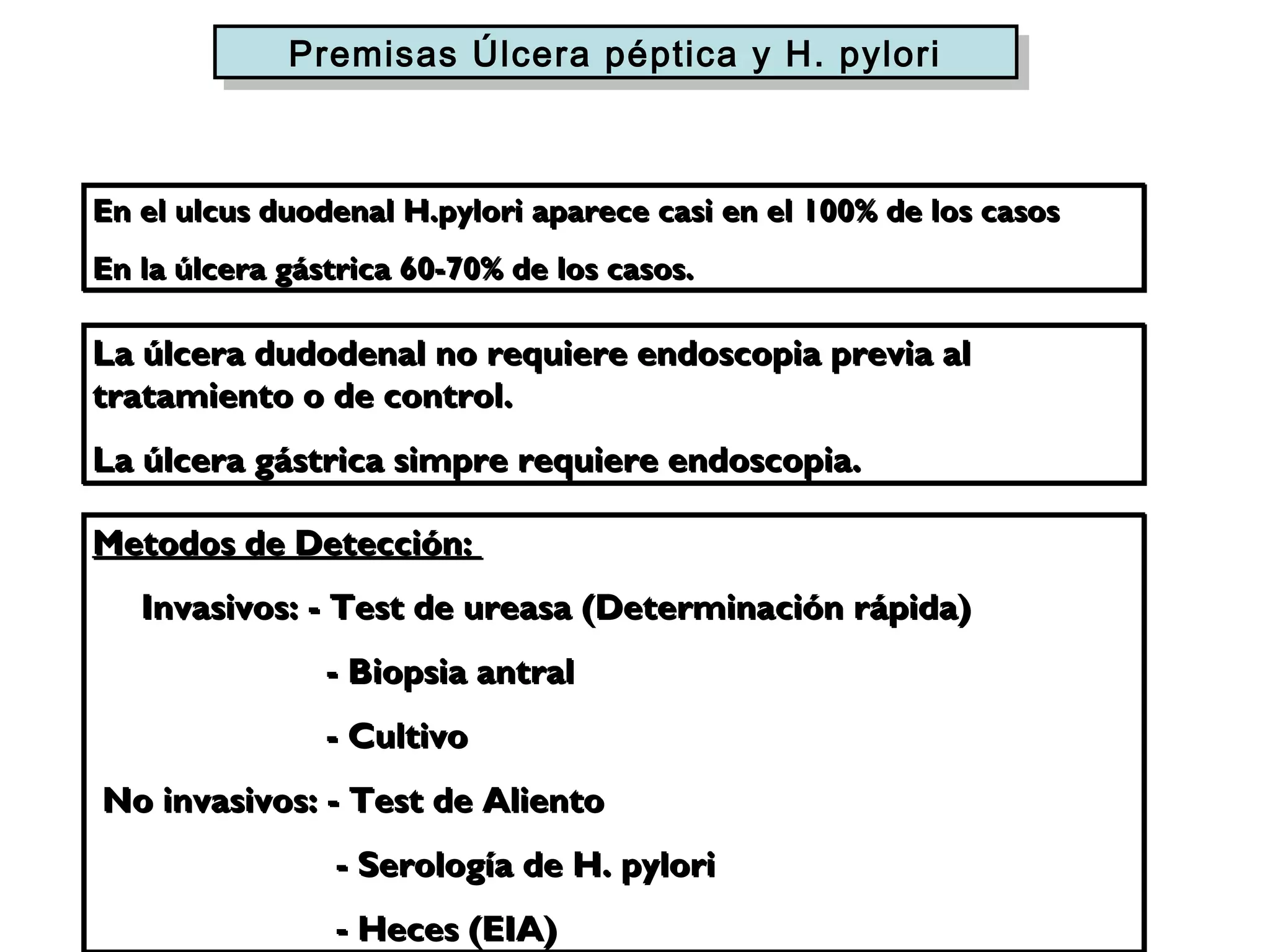 Premisas Úlcera péptica yy H. pylori
             Premisas Úlcera péptica H. pylori



En el ulcus duodenal H.pylori aparece casi en el 100% de los casos
En la úlcera gástrica 60-70% de los casos.

La úlcera dudodenal no requiere endoscopia previa al
tratamiento o de control.
La úlcera gástrica simpre requiere endoscopia.

Metodos de Detección:
   Invasivos: - Test de ureasa (Determinación rápida)
                - Biopsia antral
                - Cultivo
No invasivos: - Test de Aliento
                - Serología de H. pylori
                - Heces (EIA)
 