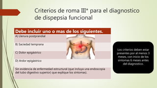 Criterios de roma III* para el diagnostico
de dispepsia funcional
Debe incluir uno o mas de los siguientes.
A) Llenura postprandial
B) Saciedad temprana
C) Dolor epigástrico
D) Ardor epigástrico
Sin evidencia de enfermedad estructural (que incluya una endoscopia
del tubo digestivo superior) que explique los síntomas).
Los criterios deben estar
presentes por al menos 3
meses, con inicio de los
síntomas 6 meses antes
del diagnostico.
 