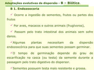 Adaptações evolutivas da dispersão - B – Biótica.

   B 1. Endozoocoria

    Ocorre a ingestão de sementes, frutos ou partes dos
 frutos

    Por aves, macacos e outros animais (frugívoros),

    Passam pelo trato intestinal dos animais sem sofre
 danos.

   Algumas       plantas    necessitam       da    dispersão
 endozoocórica para que suas sementes possam germinar.

   O     tempo   de   germinação   depende    do   grau   de
 escarificação na casca (ou testa) da semente durante a
 passagem pelo trato digestivo do dispersor.

   Sementes possuem testa mais resistente e grossa.
 