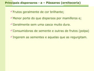 Principais dispersores - a – Pássaros (ornitocoria)


   Frutos geralmente de cor brilhante;

   Menor porte do que dispersos por mamíferos e;

   Geralmente sem uma casca muito dura.

   Consumidoras de semente e outras de frutos (polpa)

   Ingerem as sementes e aquelas que as regurgitam.
 