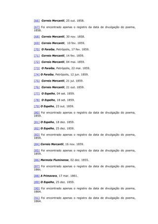 [66] Correio Mercantil, 25 out. 1858.
[67] Foi encontrado apenas o registro da data de divulgação do poema,
1858.
[68] Correio Mercantil, 30 nov. 1858.
[69] Correio Mercantil, 10 fev. 1859.
[70] O Paraíba, Petrópolis, 17 fev. 1859.
[71] Correio Mercantil, 14 fev. 1859.
[72] Correio Mercantil, 04 mai. 1859.
[73] O Paraíba, Petrópolis, 22 mai. 1859.
[74] O Paraíba, Petrópolis, 12 jun. 1859.
[75] Correio Mercantil, 21 jul. 1859.
[76] Correio Mercantil, 21 out. 1859.
[77] O Espelho, 04 set. 1859.
[78] O Espelho, 18 set. 1859.
[79] O Espelho, 23 out. 1859.
[80] Foi encontrado apenas o registro da data de divulgação do poema,
1859.
[81] O Espelho, 18 dez. 1859.
[82] O Espelho, 25 dez. 1859.
[83] Foi encontrado apenas o registro da data de divulgação do poema,
1859.
[84] Correio Mercantil, 16 nov. 1859.
[85] Foi encontrado apenas o registro da data de divulgação do poema,
1859.
[86] Marmota Fluminense, 02 dez. 1855.
[87] Foi encontrado apenas o registro da data de divulgação do poema,
1860.
[88] A Primavera, 17 mar. 1861.
[89] O Espelho, 25 dez. 1859.
[90] Foi encontrado apenas o registro da data de divulgação do poema,
1864.
[91] Foi encontrado apenas o registro da data de divulgação do poema,
1864.
 