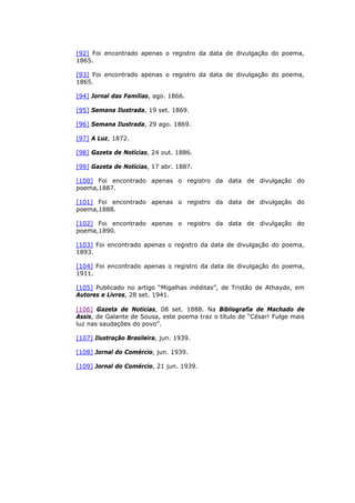 [92] Foi encontrado apenas o registro da data de divulgação do poema,
1865.
[93] Foi encontrado apenas o registro da data de divulgação do poema,
1865.
[94] Jornal das Famílias, ago. 1866.
[95] Semana Ilustrada, 19 set. 1869.
[96] Semana Ilustrada, 29 ago. 1869.
[97] A Luz, 1872.
[98] Gazeta de Notícias, 24 out. 1886.
[99] Gazeta de Notícias, 17 abr. 1887.
[100] Foi encontrado apenas o registro da data de divulgação do
poema,1887.
[101] Foi encontrado apenas o registro da data de divulgação do
poema,1888.
[102] Foi encontrado apenas o registro da data de divulgação do
poema,1890.
[103] Foi encontrado apenas o registro da data de divulgação do poema,
1893.
[104] Foi encontrado apenas o registro da data de divulgação do poema,
1911.
[105] Publicado no artigo “Migalhas inéditas”, de Tristão de Athayde, em
Autores e Livros, 28 set. 1941.
[106] Gazeta de Notícias, 08 set. 1888. Na Bibliografia de Machado de
Assis, de Galante de Sousa, este poema traz o título de “César! Fulge mais
luz nas saudações do povo”.
[107] Ilustração Brasileira, jun. 1939.
[108] Jornal do Comércio, jun. 1939.
[109] Jornal do Comércio, 21 jun. 1939.
 