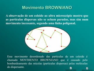 Movimento BROWNIANO
A observação de um coloide ao ultra microscópio mostra que
as partículas dispersas não se acham paradas, mas sim num
movimento incessante, segundo uma linha poligonal.




 Esse movimento desordenado das partículas de um coloide é
 chamado MOVIMENTO BROWNIANO que é causado pelo
 bombardeamento das micelas (partículas dispersas) pelas moléculas
 do dispersante.
 