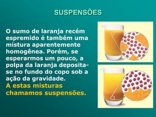 SUSPENSÕES

O sumo de laranja recém
espremido é também uma
mistura aparentemente
homogênea. Porém, se
esperarmos um pouco, a
polpa da laranja deposita-
se no fundo do copo sob a
ação da gravidade.
A estas misturas
chamamos suspensões.
 