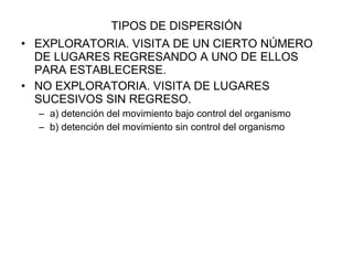 TIPOS DE DISPERSIÓN EXPLORATORIA. VISITA DE UN CIERTO NÚMERO DE LUGARES REGRESANDO A UNO DE ELLOS PARA ESTABLECERSE. NO EXPLORATORIA. VISITA DE LUGARES SUCESIVOS SIN REGRESO. a) detención del movimiento bajo control del organismo b) detención del movimiento sin control del organismo 