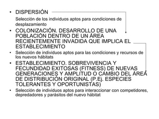 DISPERSIÓN Selección de los individuos aptos para condiciones de desplazamiento   COLONIZACIÓN. DESARROLLO DE UNA  POBLACIÓN DENTRO DE UN ÁREA RECIENTEMENTE INVADIDA QUE IMPLICA EL ESTABLECIMIENTO Selección de individuos aptos para las condiciones y recursos de los nuevos hábitats ESTABLECIMIENTO. SOBREVIVENCIA Y FECUNDIDAD EXITOSAS (FITNESS) DE NUEVAS GENERACIONES Y AMPLITUD O CAMBIO DEL ÁREA DE DISTRIBUCIÓN ORIGINAL (P.Ej. ESPECIES TOLERANTES Y OPORTUNISTAS) Selección de individuos aptos para interaccionar con competidores, depredadores y parásitos del nuevo hábitat 