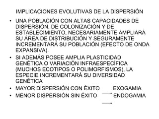 IMPLICACIONES EVOLUTIVAS DE LA DISPERSIÓN UNA POBLACIÓN CON ALTAS CAPACIDADES DE DISPERSIÓN, DE COLONIZACIÓN Y DE ESTABLECIMIENTO, NECESARIAMENTE AMPLIARÁ SU ÁREA DE DISTRIBUCIÓN Y SEGURAMENTE INCREMENTARÁ SU POBLACIÓN (EFECTO DE ONDA EXPANSIVA). SI ADEMÁS POSEE AMPLIA PLASTICIDAD GENÉTICA O VARIACIÓN INFRAESPECÍFICA (MUCHOS ECOTIPOS O POLIMORFISMOS), LA ESPECIE INCREMENTARÁ SU DIVERSIDAD GENÉTICA MAYOR DISPERSIÓN CON ÉXITO  EXOGAMIA MENOR DISPERSIÓN SIN ÉXITO  ENDOGAMIA 