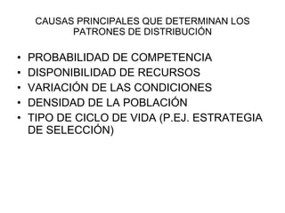CAUSAS PRINCIPALES QUE DETERMINAN LOS PATRONES DE DISTRIBUCIÓN PROBABILIDAD DE COMPETENCIA DISPONIBILIDAD DE RECURSOS VARIACIÓN DE LAS CONDICIONES DENSIDAD DE LA POBLACIÓN TIPO DE CICLO DE VIDA (P.EJ. ESTRATEGIA DE SELECCIÓN) 