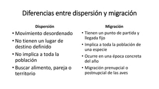 Diferencias entre dispersión y migración
Dispersión
• Movimiento desordenado
• No tienen un lugar de
destino definido
• No implica a toda la
población
• Buscar alimento, pareja o
territorio
Migración
• Tienen un punto de partida y
llegada fijo
• Implica a toda la población de
una especie
• Ocurre en una época concreta
del año
• Migración prenupcial o
postnupcial de las aves
 