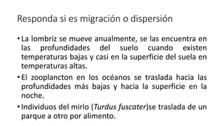 Responda si es migración o dispersión
• La lombriz se mueve anualmente, se las encuentra en
las profundidades del suelo cuando existen
temperaturas bajas y casi en la superficie del suela en
temperaturas altas.
• El zooplancton en los océanos se traslada hacia las
profundidades más bajas y hacia la superficie en la
noche.
• Individuos del mirlo (Turdus fuscater)se traslada de un
parque a otro por alimento.
 