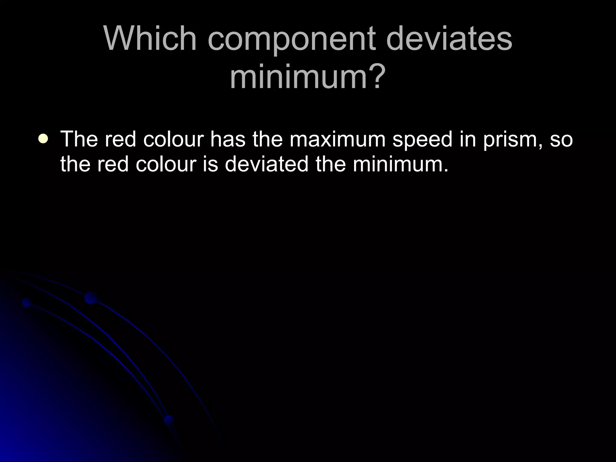 Which component deviates minimum? The red colour has the maximum speed in prism, so the red colour is deviated the minimum.  
