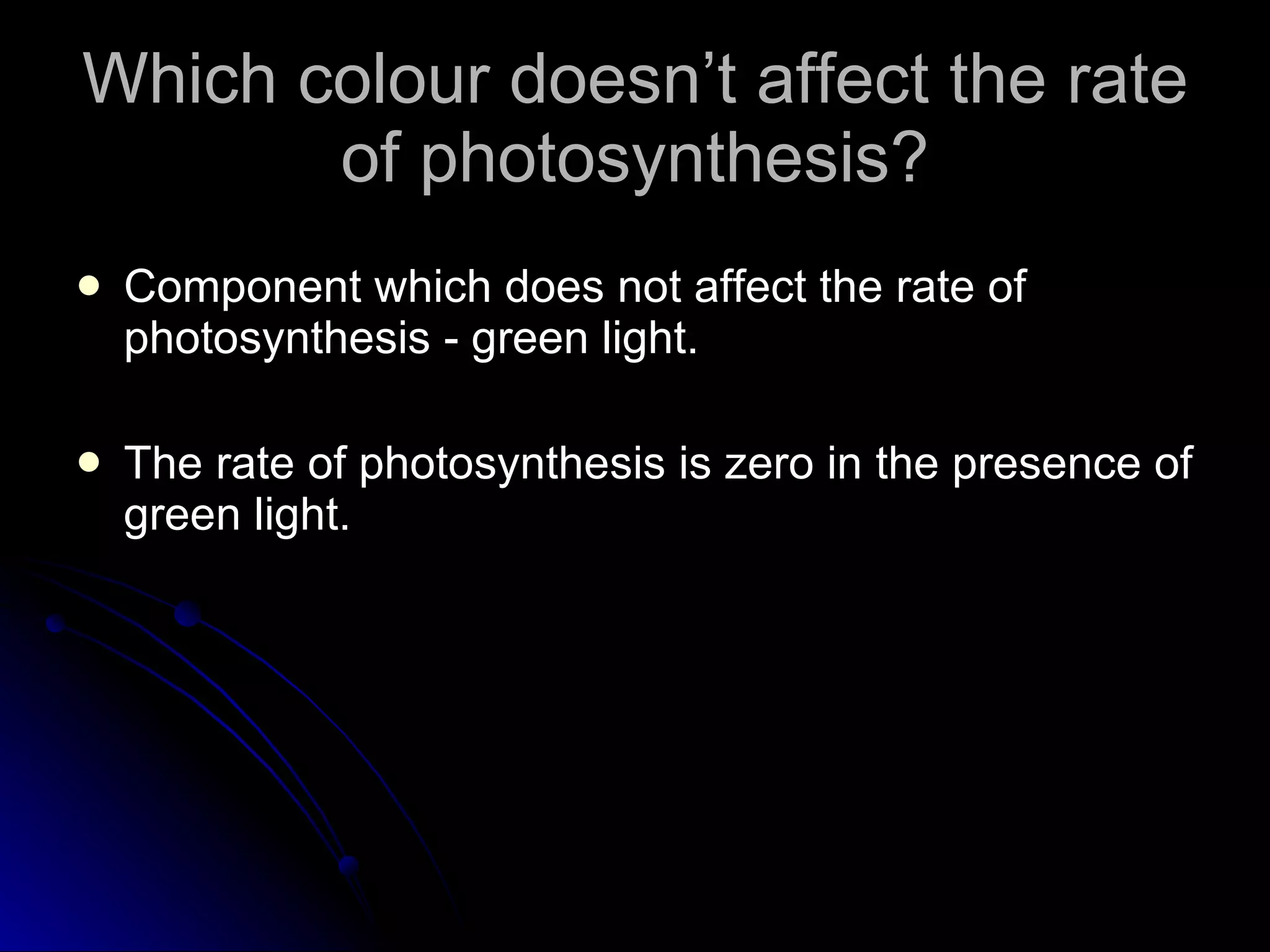 Which colour doesn’t affect the rate of photosynthesis? Component which does not affect the rate of photosynthesis - green light. The rate of photosynthesis is zero in the presence of green light. 