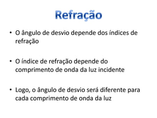 • O ângulo de desvio depende dos índices de
refração
• O índice de refração depende do
comprimento de onda da luz incidente
• Logo, o ângulo de desvio será diferente para
cada comprimento de onda da luz
 