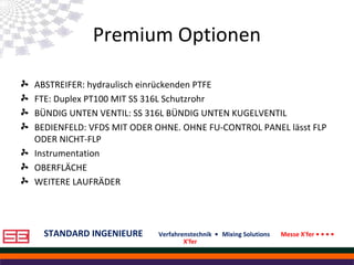 STANDARD INGENIEURE Verfahrenstechnik • Mixing Solutions Messe X'fer • • • •
X'fer
Premium Optionen
ABSTREIFER: hydraulisch einrückenden PTFE
FTE: Duplex PT100 MIT SS 316L Schutzrohr
BÜNDIG UNTEN VENTIL: SS 316L BÜNDIG UNTEN KUGELVENTIL
BEDIENFELD: VFDS MIT ODER OHNE. OHNE FU-CONTROL PANEL lässt FLP
ODER NICHT-FLP
Instrumentation
OBERFLÄCHE
WEITERE LAUFRÄDER
 
