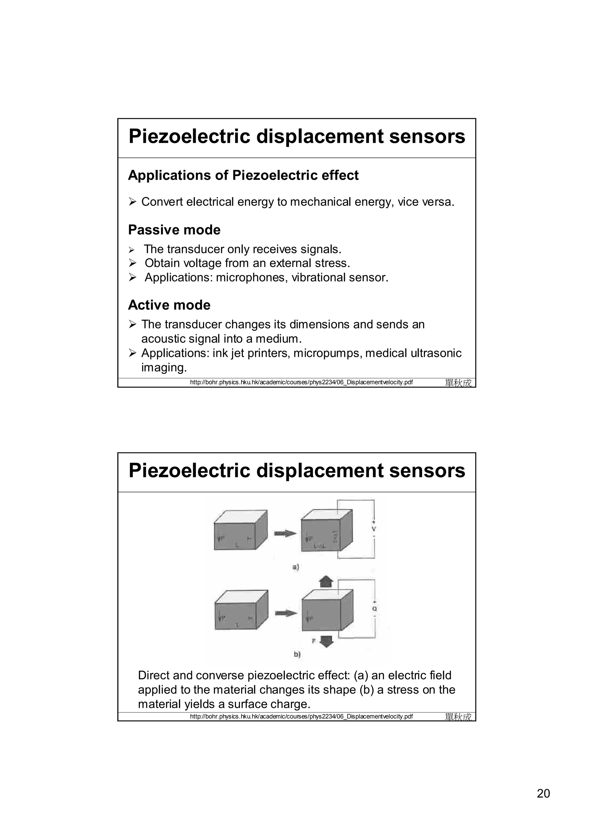 Piezoelectric displacement sensors
Applications of Piezoelectric effect
 Convert electrical energy to mechanical energy, vice versa.

Passive mode
 The transducer only receives signals.
 Obtain voltage from an external stress.
 Applications: microphones, vibrational sensor.

Active mode
 The transducer changes its dimensions and sends an
  acoustic signal into a medium.
 Applications: ink jet printers, micropumps, medical ultrasonic
  imaging.
              http://bohr.physics.hku.hk/academic/courses/phys2234/06_Displacementvelocity.pdf   單秋成




Piezoelectric displacement sensors




    Direct and converse piezoelectric effect: (a) an electric field
    applied to the material changes its shape (b) a stress on the
    material yields a surface charge.
              http://bohr.physics.hku.hk/academic/courses/phys2234/06_Displacementvelocity.pdf   單秋成




                                                                                                       20
 