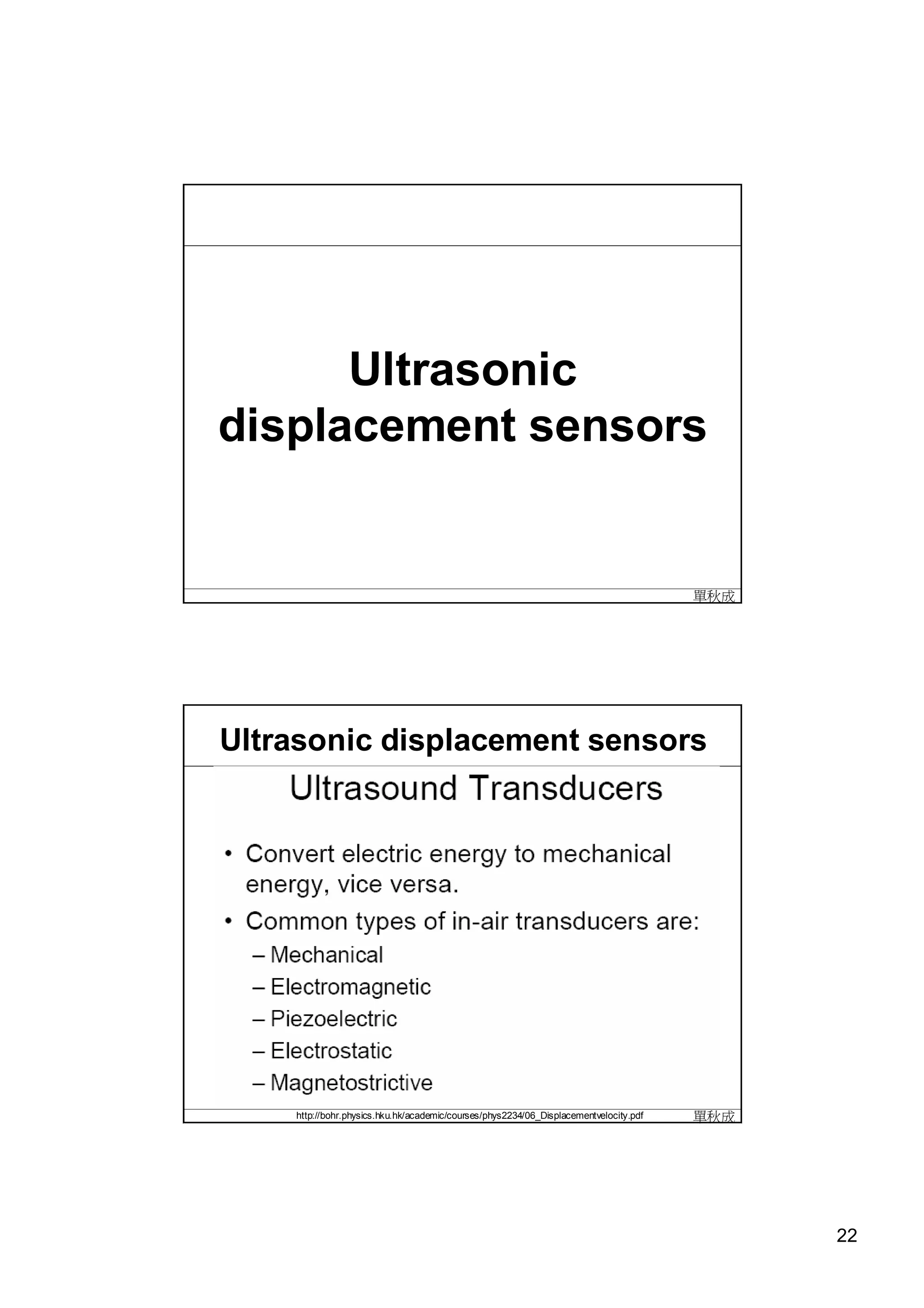 Ultrasonic
displacement sensors


                                                                                       單秋成




Ultrasonic displacement sensors




    http://bohr.physics.hku.hk/academic/courses/phys2234/06_Displacementvelocity.pdf   單秋成




                                                                                             22
 
