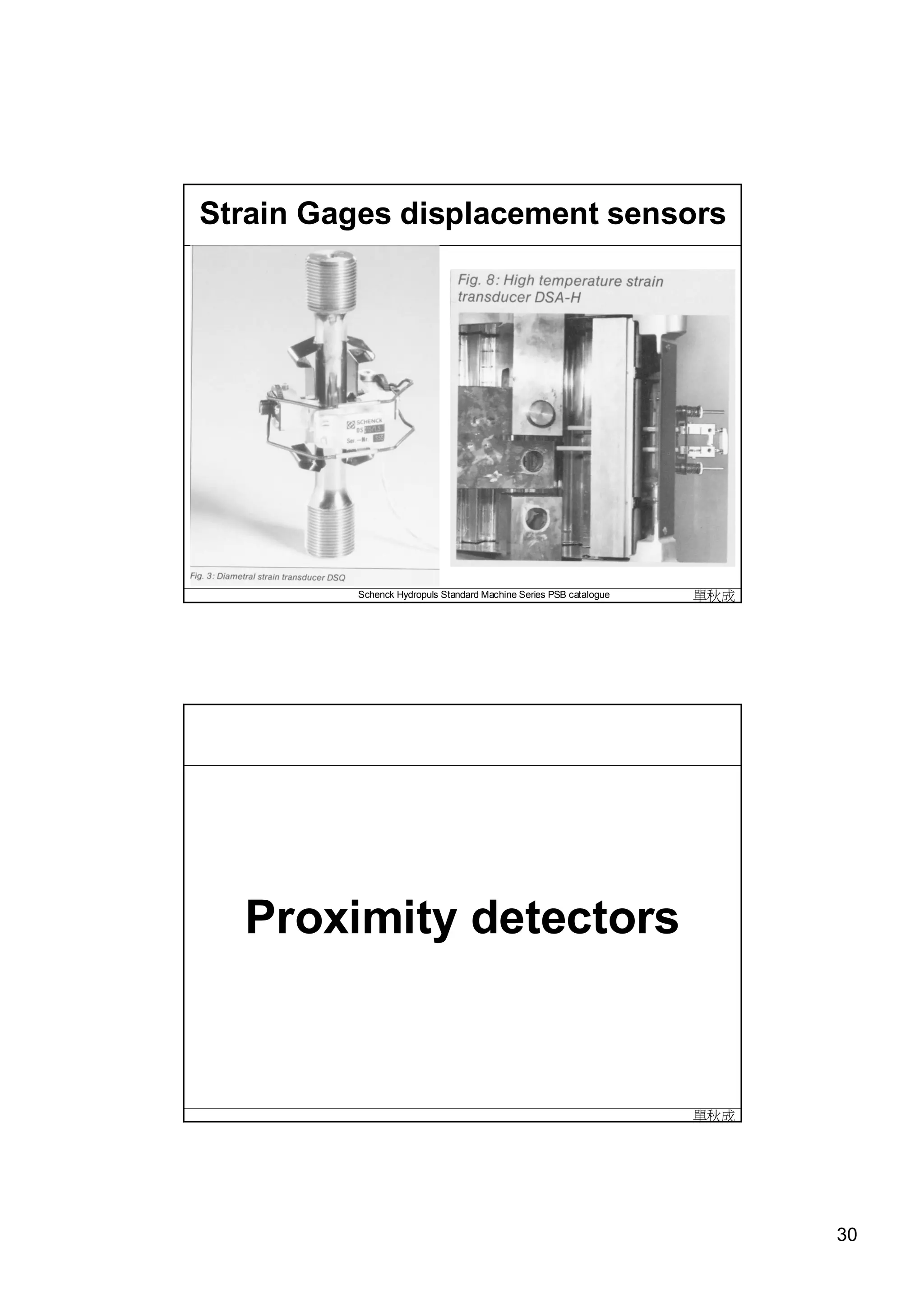 Strain Gages displacement sensors




         Schenck Hydropuls Standard Machine Series PSB catalogue   單秋成




  Proximity detectors


                                                                   單秋成




                                                                         30
 