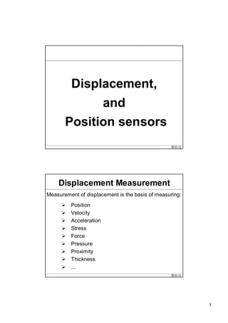 Displacement,
             and
       Position sensors
                                                 單秋成




    Displacement Measurement
Measurement of displacement is the basis of measuring:
        Position
        Velocity
        Acceleration
        Stress
        Force
        Pressure
        Proximity
        Thickness
        …
                                                 單秋成




                                                         1
 