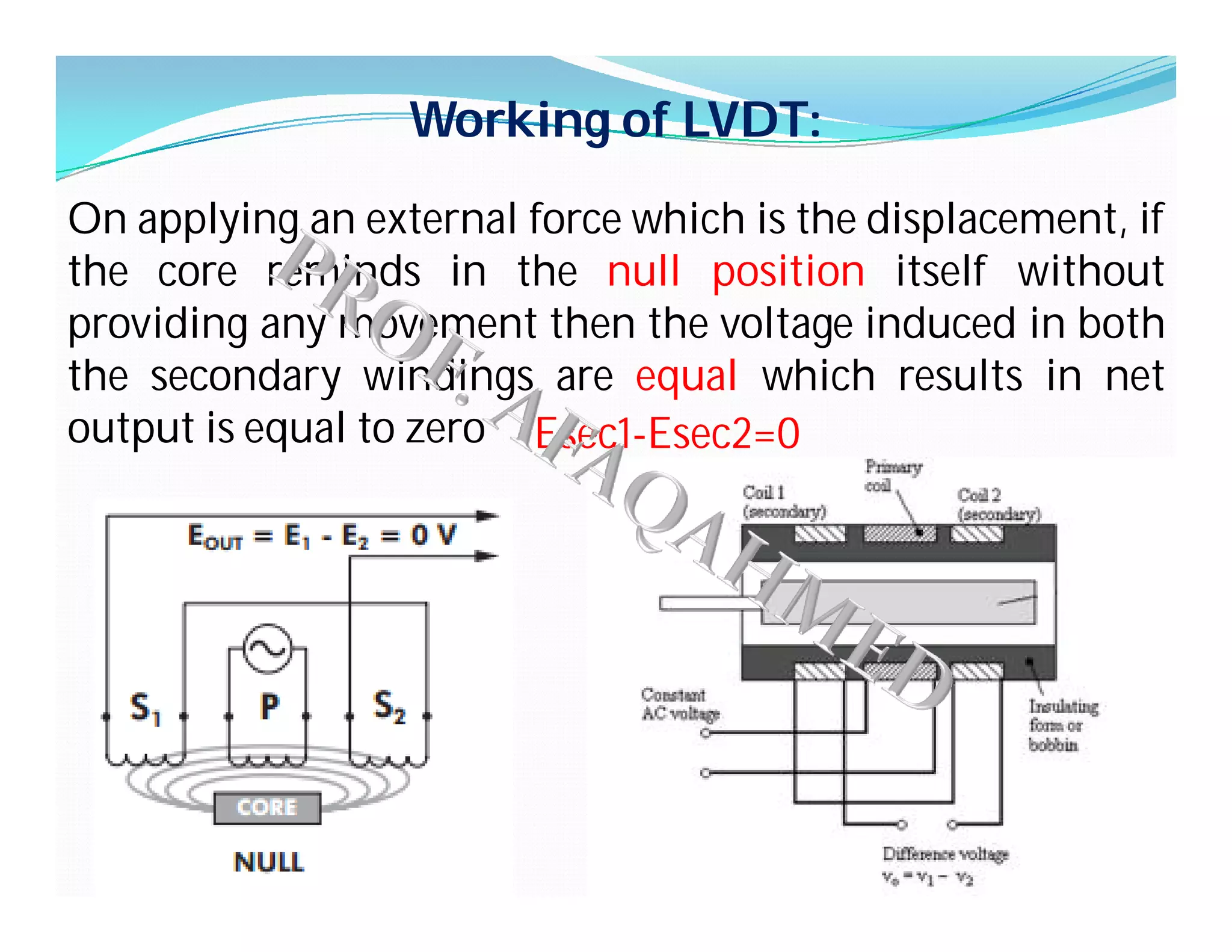Working of LVDT:
On applying an external force which is the displacement, if
the core reminds in the null position itself without
providing any movement then the voltage induced in both
the secondary windings are equal which results in net
output is equal to zero Esec1-Esec2=0
 