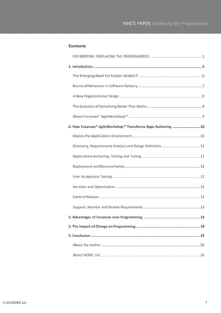 WHITE PAPER| Displacing the Programmers




                 Contents

                    CIO BRIEFING: DISPLACING THE PROGRAMMERS ..................................................... 1

                 1. Introduction ...................................................................................................... 5

                    The Emerging Need For Rubber-Walled IT ................................................................ 6

                    Norms of Behaviour in Software Delivery ................................................................. 7

                    A New Organizational Design .................................................................................... 8

                    The Evolution of Something Better That Works… ..................................................... 8

                    About Encanvas® AgileWorkshop™ ........................................................................... 9

                 2. How Encanvas® AgileWorkshop™ Transforms Apps Authoring .......................... 10

                    Deploy the Applications Environment ..................................................................... 10

                    Discovery, Requirements Analysis and Design Definition ....................................... 11

                    Applications Authoring, Testing and Tuning ............................................................ 11

                    Deployment and Documentation ............................................................................ 12

                    User Acceptance Testing.......................................................................................... 12

                    Iteration and Optimization ...................................................................................... 12

                    General Release ....................................................................................................... 12

                    Support, Monitor and Review Requirements .......................................................... 13

                 3. Advantages of Encanvas over Programming ..................................................... 14

                 3. The Impact of Change on Programming ............................................................ 18

                 5. Conclusion ...................................................................................................... 19

                    About the Author ..................................................................................................... 20

                    About NDMC Ltd ...................................................................................................... 20




© 2012NDMC Ltd                                                                                                                                   3
 