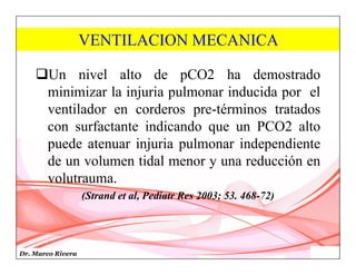 Dr. Marco Rivera
VENTILACION MECANICA
Un nivel alto de pCO2 ha demostrado
minimizar la injuria pulmonar inducida por el
ventilador en corderos pre-términos tratados
con surfactante indicando que un PCO2 alto
puede atenuar injuria pulmonar independiente
de un volumen tidal menor y una reducción en
volutrauma.
(Strand et al, Pediatr Res 2003; 53. 468-72)
 