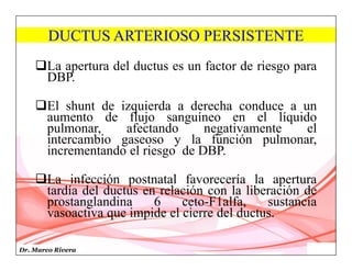 Dr. Marco Rivera
DUCTUS ARTERIOSO PERSISTENTE
La apertura del ductus es un factor de riesgo para
DBP.
El shunt de izquierda a derecha conduce a un
aumento de flujo sanguíneo en el líquido
pulmonar, afectando negativamente el
intercambio gaseoso y la función pulmonar,
incrementando el riesgo de DBP.
La infección postnatal favorecería la apertura
tardía del ductus en relación con la liberación de
prostanglandina 6 ceto-F1alfa, sustancia
vasoactiva que impide el cierre del ductus.
 