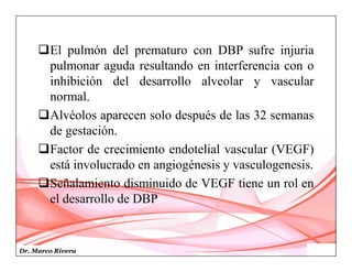 Dr. Marco Rivera
El pulmón del prematuro con DBP sufre injuria
pulmonar aguda resultando en interferencia con o
inhibición del desarrollo alveolar y vascular
normal.
Alvéolos aparecen solo después de las 32 semanas
de gestación.
Factor de crecimiento endotelial vascular (VEGF)
está involucrado en angiogénesis y vasculogenesis.
Señalamiento disminuido de VEGF tiene un rol en
el desarrollo de DBP
 