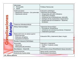 Dr. Marco Rivera
Infecciosas
 Bronquiolitis
 sepsis
Profilaxis Palivizumab
Cardiovasculares
• Hipertensión pulmonar – Cor pulmonale
• Hipertensión arterial
Evaluación cardiológica
Tratamiento farmacológico
• Antagonistas del calcio: Nifedipino
• Oxido Nítrico Inhalado
• Inhibidores de la fosfodiesterasa: sildenafilo
• Análogos de las prostaciclinas: Epoprostenol
• Antagonistas de la Endoteliona 1: Bosentan,
Sintaxetan
Trastornos Hidroelectrolíticos
Reflujo Gastroesofágico Tratamiento farmacológico
• Procinéticos: Domperidona
• Inhibidores de la bomba de protones: Omeprazol
• Tratamiento quirúrgico
Obstrucción de la vía aérea superior
• Edema laríngeo
• Estenosis sub-glótica
• traqueobroncomalacia
Evaluación ORL y tratamiento (láser, cirugía)
Renales: Evaluación Nefrológica
Sensoriales
• Hipoacusia
• Retinopatía del prematuro
Evaluación y tratamiento
• Audífono / Implante coclear
• Láser
Neurológicas – Desarrollo Estimulación precoz-Rehabilitación-Apoyo educativo
Socioeconómicas
Síndrome de muerte súbita
Apoyo social y económico
Monitorización Domiciliaria
 