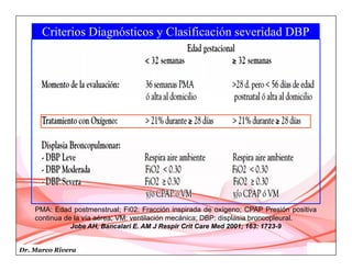 Dr. Marco Rivera
Criterios Diagnósticos y Clasificación severidad DBP
PMA: Edad postmenstrual; Fi02: Fracción inspirada de oxígeno; CPAP Presión positiva
continua de la vía aérea; VM: ventilación mecánica; DBP: displasia broncopleural.
Jobe AH, Bancalari E. AM J Respir Crit Care Med 2001; 163: 1723-9
 