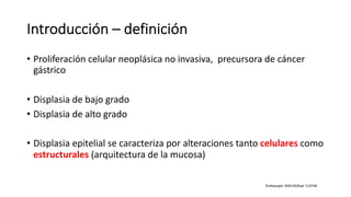 Introducción – definición
• Proliferación celular neoplásica no invasiva, precursora de cáncer
gástrico
• Displasia de bajo grado
• Displasia de alto grado
• Displasia epitelial se caracteriza por alteraciones tanto celulares como
estructurales (arquitectura de la mucosa)
 