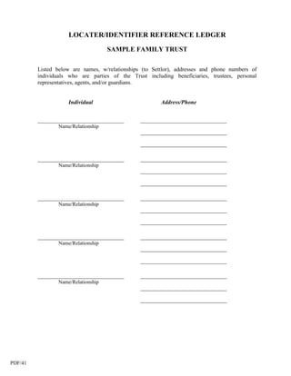 LOCATER/IDENTIFIER REFERENCE LEDGER

                                   SAMPLE FAMILY TRUST

         Listed below are names, w/relationships (to Settlor), addresses and phone numbers of
         individuals who are parties of the Trust including beneficiaries, trustees, personal
         representatives, agents, and/or guardians.


                    Individual                          Address/Phone


         _________________________________      _________________________________
                 Name/Relationship
                                                _________________________________

                                                _________________________________

         _________________________________      _________________________________
                 Name/Relationship
                                                _________________________________

                                                _________________________________

         _________________________________      _________________________________
                 Name/Relationship
                                                _________________________________

                                                _________________________________

         _________________________________      _________________________________
                 Name/Relationship
                                                _________________________________

                                                _________________________________

         _________________________________      _________________________________
                 Name/Relationship
                                                _________________________________

                                                _________________________________




PDF/41
 
