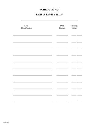 SCHEDULE "A"
                                   SAMPLE FAMILY TRUST
                 ___________________________________________________________


                     Asset                               Date       Trustee(s)
                  Identification                        Funded       Initials


         _________________________________________   ____________    _____ /_____


         _________________________________________   ____________    _____ /_____


         _________________________________________   ____________    _____ /_____


         _________________________________________   ____________    _____ /_____


         _________________________________________   ____________    _____ /_____


         _________________________________________   ____________    _____ /_____


         _________________________________________   ____________    _____ /_____


         _________________________________________   ____________    _____ /_____


         _________________________________________   ____________    _____ /_____


         _________________________________________   ____________    _____ /_____


         _________________________________________   ____________    _____ /_____




PDF/50
 