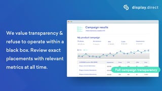 We value transparency &
refuse to operate within a
black box. Review exact
placements with relevant
metrics at all time. Full campaign transparency
 