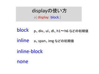 displayの使い方
a{ display: block;}
block
inline
inline-block
none
p、div、ul、dl、h1〜h6 などの初期値
a、span、img などの初期値
 