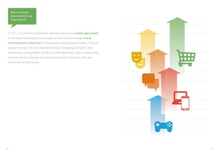 Which verticals
      show growth in ad
      impressions?




    In 2011, 15 out of the 25 publisher verticals experienced double-digit growth
    in monetized impressions across AdSense and the Ad Exchange. Arts &
    Entertainment ranked No.1 in impressions, while posting a healthy 11% year-
    on-year increase. We also observed that both Shopping and Sports sites
    showed very strong growth, at 37% and 25% respectively. Online Communities
    and Business & Industrial sites experienced shifts in inventory mix, and
    contracted during the year.




8                                                                                   9
 