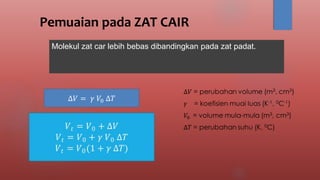 Pemuaian pada ZAT CAIR
Molekul zat car lebih bebas dibandingkan pada zat padat.
∆𝑉 = 𝛾 𝑉0 ∆𝑇
 