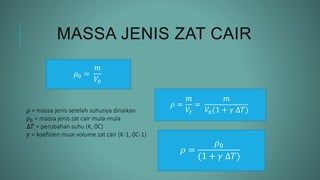 MASSA JENIS ZAT CAIR
𝜌0 =
𝑚
𝑉0
𝜌 =
𝑚
𝑉𝑡
=
𝑚
𝑉0(1 + 𝛾 ∆𝑇)
𝜌 =
𝜌0
(1 + 𝛾 ∆𝑇)
𝜌 = massa jenis setelah suhunya dinaikan
𝜌0 = massa jenis zat cair mula-mula
∆𝑇 = perubahan suhu (K, 0C)
𝛾 = koefisien muai volume zat cair (K-1, 0C-1)
 