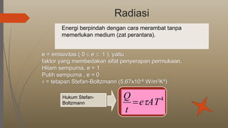 Radiasi
Energi berpindah dengan cara merambat tanpa
memerlukan medium (zat perantara).
Hukum Stefan-
Boltzmann
4
ATe
t
Q

e = emisivitas ( 0  e  1 ), yaitu
faktor yang membedakan sifat penyerapan permukaan.
Hitam sempurna, e = 1
Putih sempurna , e = 0
 = tetapan Stefan-Boltzmann (5,67x10-8 W/m2K4)
 