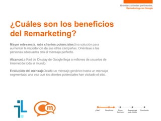 Orientar a clientes pertinentes.
Remarketing con Google
¿Cuáles son los beneficios
del Remarketing?
Mayor relevancia, más clientes potencialesUna solución para
aumentar la importancia de sus otras campañas. Oriéntese a las
personas adecuadas con el mensaje perfecto.
AlcanceLa Red de Display de Google llega a millones de usuarios de
Internet de todo el mundo.
Evolución del mensajeDesde un mensaje genérico hasta un mensaje
segmentado una vez que los clientes potenciales han visitado el sitio.
¿Qué? Sugerencias
para el éxito
ConclusiónCómo
funciona
Beneficios
 