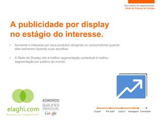 Sua opção de segmentação.
                                                                                  Rede de Display do Google




A publicidade por display
no estágio do interesse.
•   Aumente o interesse por seus produtos atingindo os consumidores quando
    eles estiverem fazendo suas escolhas

•   A Rede de Display alia a melhor segmentação contextual à melhor
    segmentação por público do mundo




                                                         O quê?   Por quê?   Como?   Vantagens Conclusão
 