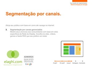 Sua opção de segmentação.
                                                                                  Rede de Display do Google




Segmentação por canais.

Atinja seu público com base em como ele navega na internet:

3.   Segmentação por canais gerenciados
     Mostre seus anúncios aos consumidores com base em sites
     específicos da Rede de Display. Escolha os sites, vídeos,
     games e feeds RSS que seu público vai visitar




                                                         O quê?   Por quê?   Como?   Vantagens Conclusão
 