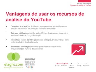 Por trás dos números.
                                                                            Recursos de análise do YouTube




Vantagens de usar os recursos de
análise do YouTube.
•   Descubra sua história Analise o desempenho de seus vídeos com
    dados e estatísticas detalhados e fáceis de interpretar

•   Crie seu públicoAcompanhe as tendências dos usuários e compare
    as visualizações ao longo do tempo

•   Identifique fontes de tráfegoSaiba de onde provém seu tráfego para
    poder analisá-lo detalhadamente

•   Aumente a motivaçãoDescubra quais de seus vídeos estão
    impulsionando o número de assinantes




                                                      O quê?   Vantagens    O que    Como?    Conclusão
                                                                           mostram
 
