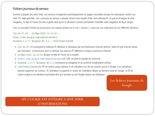 UN COOKIE EST INTEGREA UNE SERIE
D’INFORMATIONS
Les fichiers journaux de
Google
 