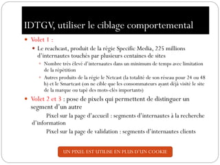 IDTGV, utiliser le ciblage comportemental
 Volet 1 :
 Le reachcast, produit de la régie Specific Media, 225 millions
d’internautes touchés par plusieurs centaines de sites
 Nombre très élevé d’internautes dans un minimum de temps avec limitation
de la répétition
 Autres produits de la régie le Netcast (la totalité de son réseau pour 24 ou 48
h) et le Smartcast (on ne cible que les consommateurs ayant déjà visité le site
de la marque ou tapé des mots-clés importants)
 Volet 2 et 3 : pose de pixels qui permettent de distinguer un
segment d’un autre
Pixel sur la page d’accueil : segments d’internautes à la recherche
d’information
Pixel sur la page de validation : segments d’internautes clients
UN PIXEL EST UTILISE EN PLUS D’UN COOKIE
 