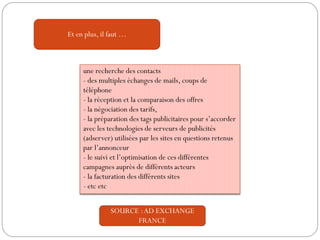 une recherche des contacts
- des multiples échanges de mails, coups de
téléphone
- la réception et la comparaison des offres
- la négociation des tarifs,
- la préparation des tags publicitaires pour s’accorder
avec les technologies de serveurs de publicités
(adserver) utilisées par les sites en questions retenus
par l’annonceur
- le suivi et l’optimisation de ces différentes
campagnes auprès de différents acteurs
- la facturation des différents sites
- etc etc
SOURCE :AD EXCHANGE
FRANCE
Et en plus, il faut …
 