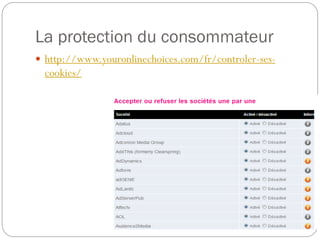 La protection du consommateur
 http://www.youronlinechoices.com/fr/controler-ses-
cookies/
 