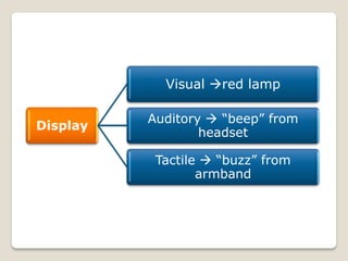 Display
Visual red lamp
Auditory  “beep” from
headset
Tactile  “buzz” from
armband
 